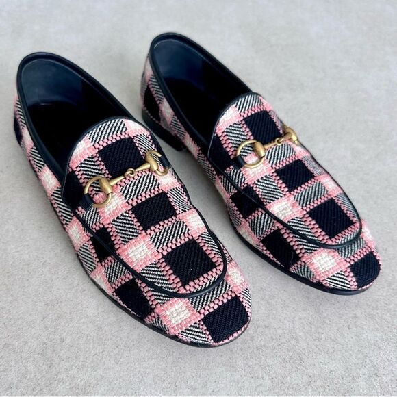 Gucci Jordaan Horsebit Tweed Black & Pink Check Flat Loafers EU37 US7 - Picture 1 of 10